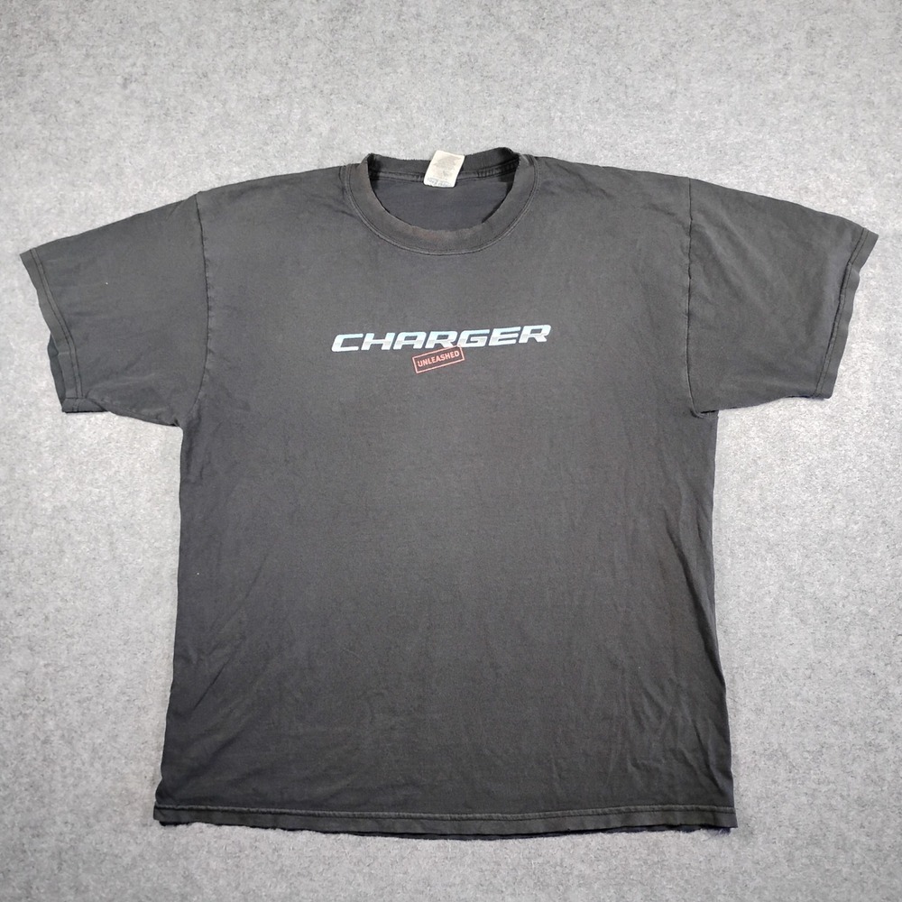 Jerzees Dodge Charger Unleashed Y2K Graphic T-Shirt Mens XL Black Faded Car Tee